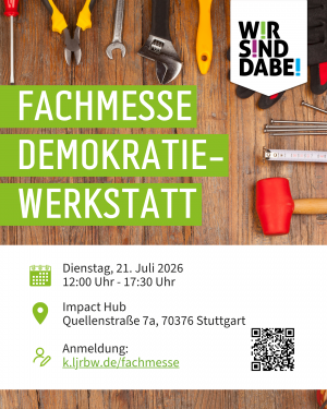 Flyer für die Veranstaltung, abgebildet ist eine Werkbank mit verschiedenen bunten Werkzeugen und die Rahmendaten