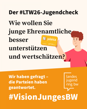 Illustration eines jungen Mannes, der eine Juleica hochhält