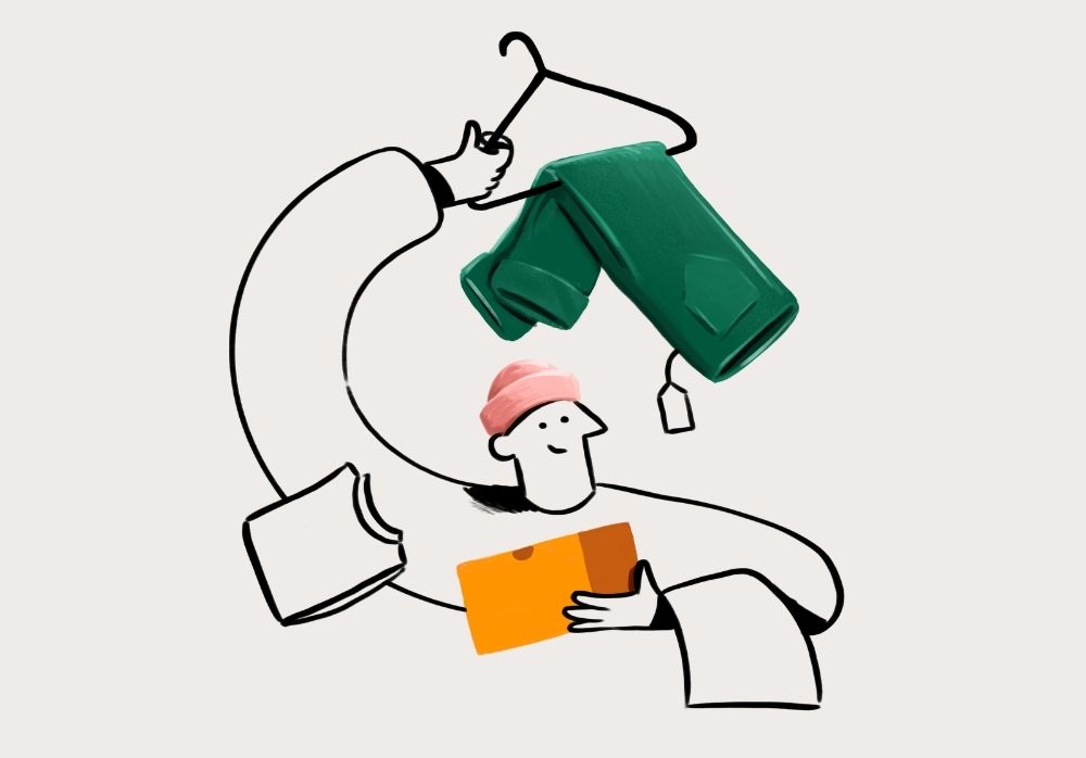 Illustration von einem jungen Mann mit einer Rosa Wollmütze, der eine grüne Hose auf einem Kleiderbügel in die Luft hält.