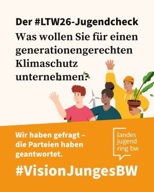 Eine Illustration von drei jungen Menschen vor einem Windrad, die fröhlich winken.