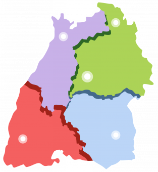 Zeigt eine Baden-Würrtembergkarte, in der die vier Regierungsbezirke in unterschiedlichen Farben eingefärbt sind. Nordbaden ist flieder, Südbaden rot, Norwürttemberg hellgrün und Südwürttemberg hellblau