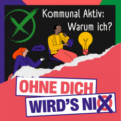 Illustration einer Workshop-Situation, darunter der Kampagnenslogan "Ohne dich wird's nix"
