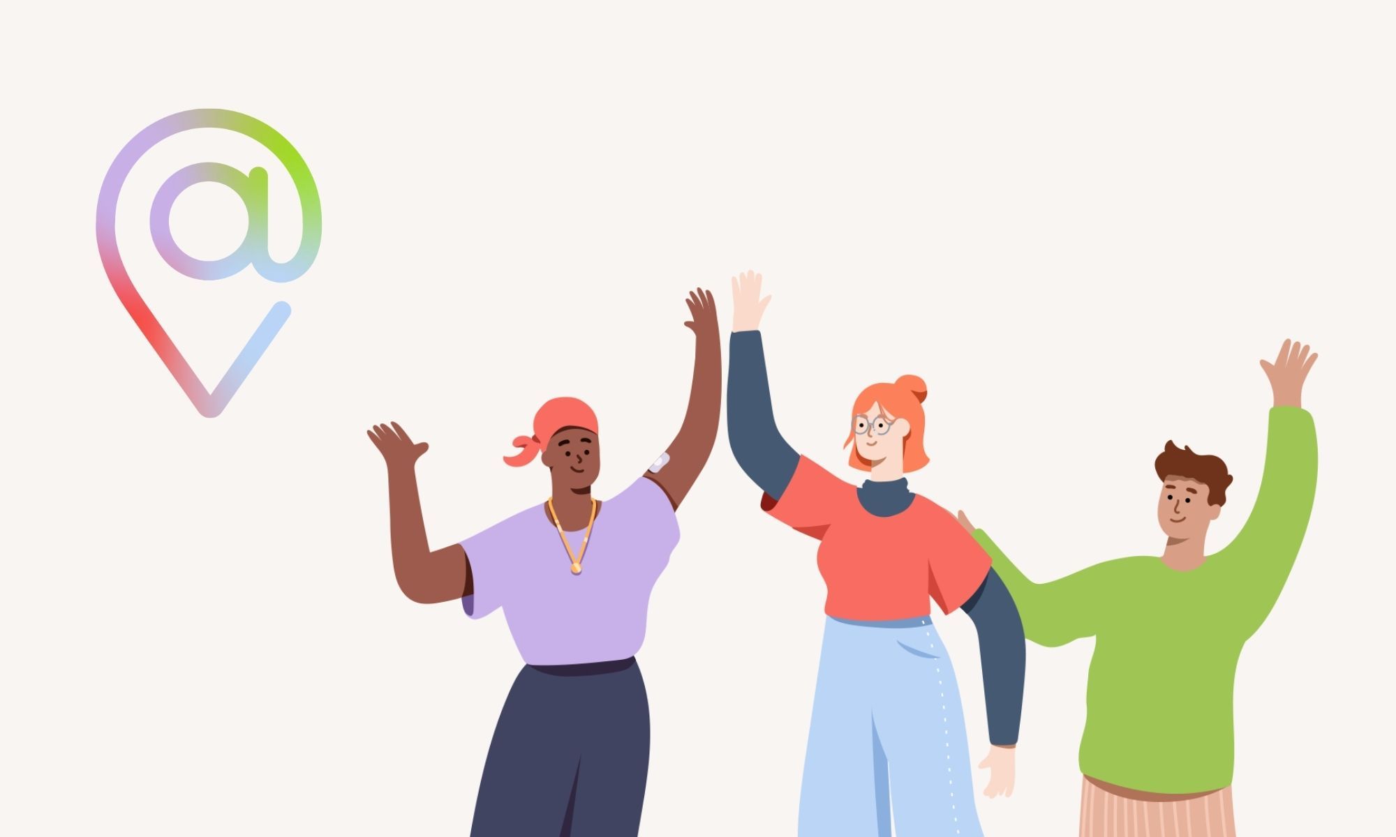 Zeigt eine Pinnnadel, in deren Kopf ein @-Symbol ist. Daneben sieht man drei illustrierte junge Menschen, die winken