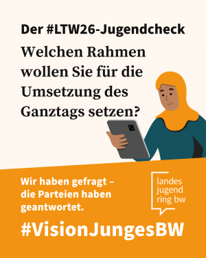 Die Illustration einer junge Frau, die etwas auf einem Tablet nachliest.