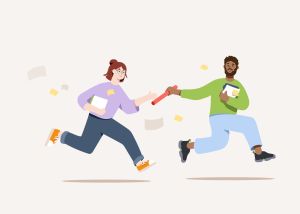 Zwei illustrierte Personen, die im Rennen einen Staffelstab übergeben. Sie halten Dokumente in der Hand.
