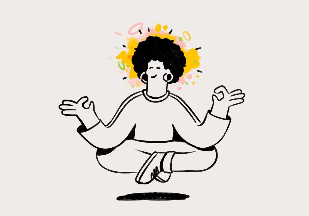 Illustration einer glücklichen Person, die in einem Yoga-Sitz ein paar Zentimeter über dem Boden schwebt.