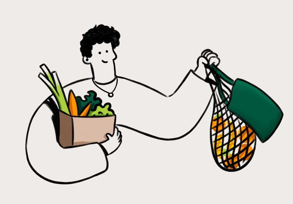 Illustration eines jungen Mannes, der seinen Einkauf in einem grünen Stoffbeutel und einer Papiertüte trägt.