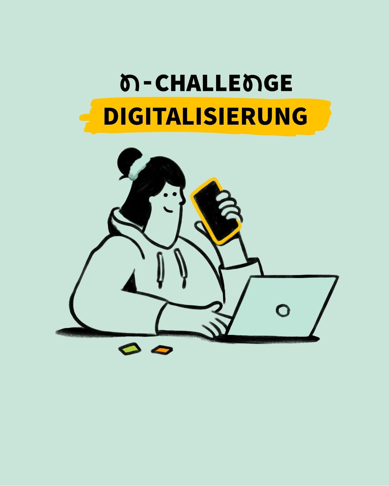 eine Illustration von einer jungen Frau, die vor einem Laptop sitzt und ein Handy in der Hand hält