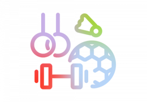 Zeigt verschiedene Sportgeräte: Hantel, Fußball, Turn-Pferd und Badminton-Ball