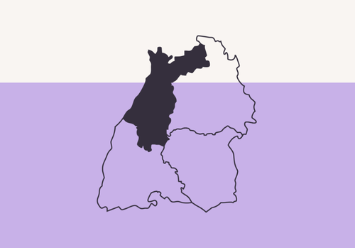 Zeigt eine Baden-Württembergkarte, in der der Regierungsbezirk Karlsruhe lila hervorgehoben ist.