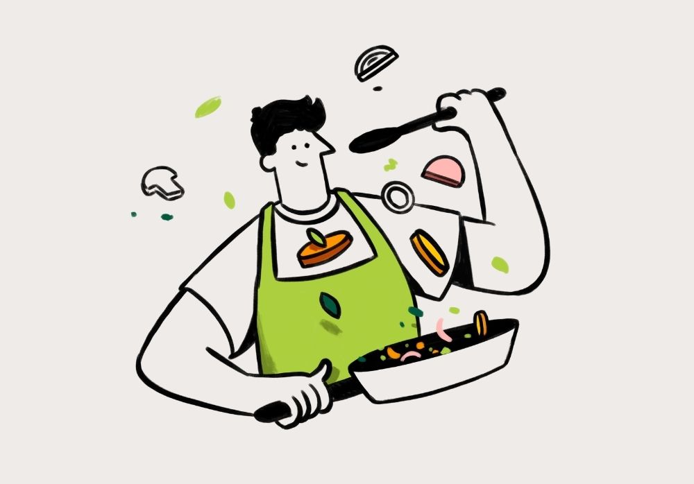 Illustration von einem jungen Mann mit einer grünen Kochschürze, der verschiedenes Gemüse in einer Pfanne schwenkt.