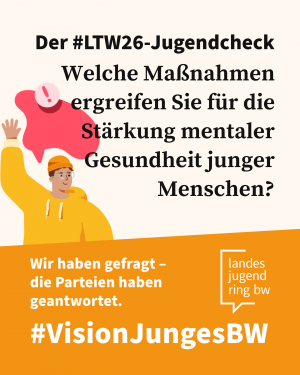 Eine Illustration von einem jungen Mann, der winkt. Über ihm ist eine Sprechblase mit einem roten Ausrufezeichen.