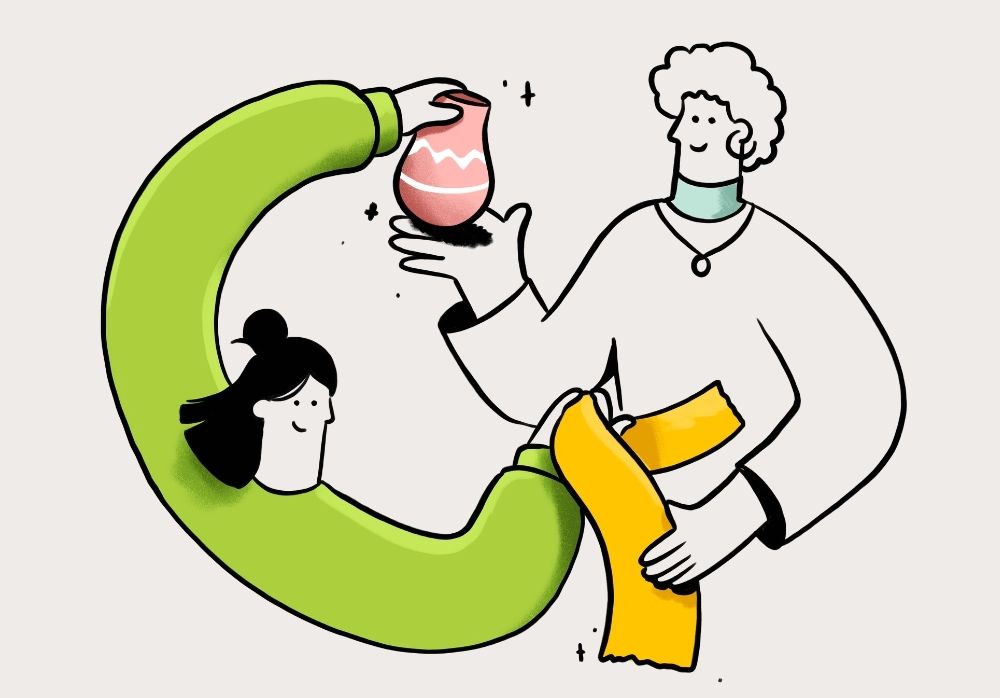 Illustration von zwei jungen Menschen, die einen Schal gegen eine Vase tauschen.
