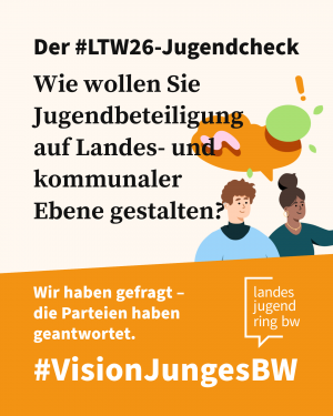 Eine Illustratiuon von zwei jungen Menschen, die mit jemanden außerhalb des Bildes reden