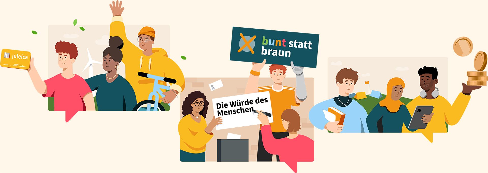 Auf dem Bild ist eine Illustration mit drei Sprechblasen zu sehen. In den Sprechblasen sind junge Menschen abgebildet, die verschiedenen AKtivitäten rund um die Forderungen des Landesjugendring nachgehen. Eine Gruppe zum Beispiel malt ein Demo-Plakat.