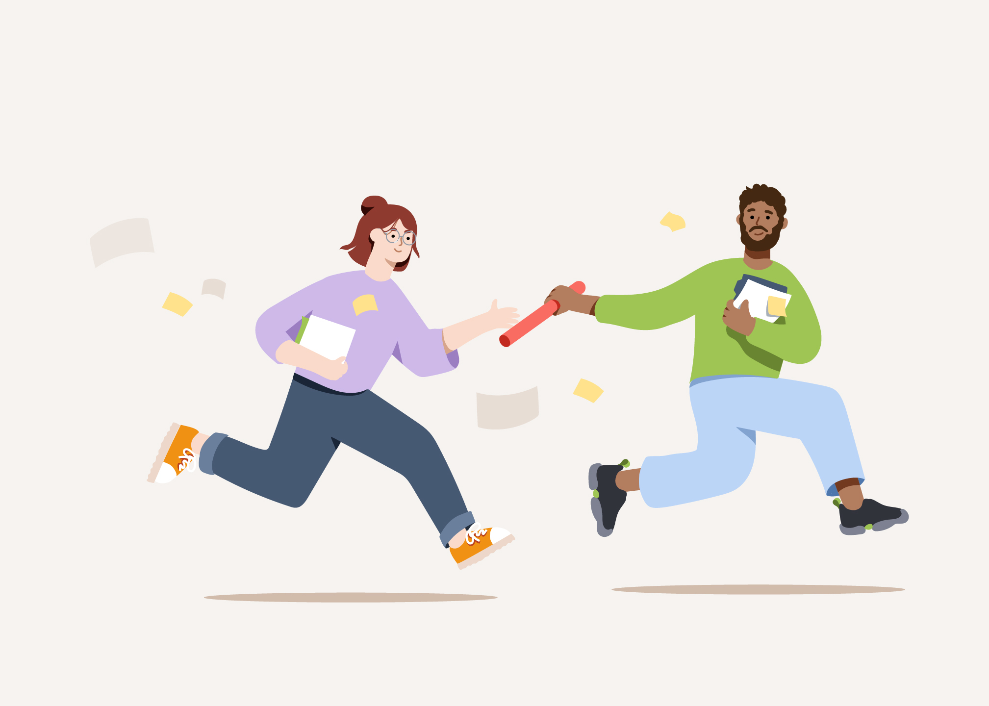 Illustration von zwei Personen, die einen Staffelstab übergeben, beide halten Dokumente in den Händen.